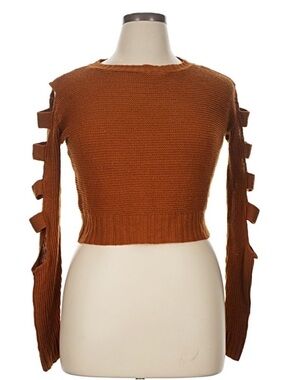 Women's Cropped Crewneck Sweater with Ribbon-Slit Sleeves - Brown